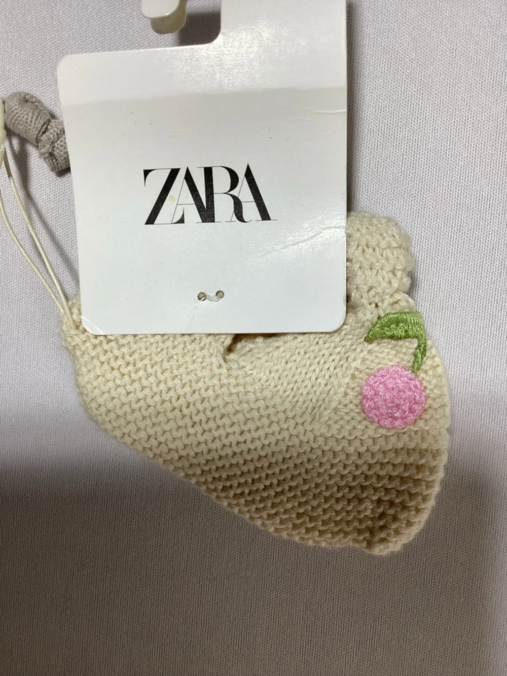 Zara Knit Baby Booties Cream with Pink Cherry Embroidery
